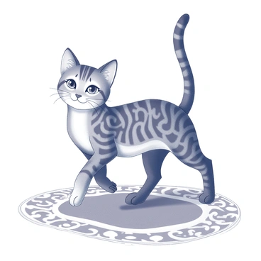 A majestic cat poised elegantly on a decorative surface. The cat has an arched back and a raised tail, showcasing its graceful posture. Its fur is adorned with intricate patterns resembling flowing swirls, creating a dynamic texture across its body. The cat's eyes are wide and attentive, drawing focus to its alert expression. The surrounding area features delicate, stylized embellishments that complement the cat's vivid presence.