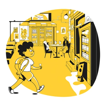A child is walking through a narrow, hidden alleyway filled with various small shops. The child has tousled hair and is wearing a light-colored shirt and shorts, with a backpack slung over one shoulder. The alley is lined with shops, each with unique displays, showcasing colorful trinkets and various handmade items. The walls of the alley are adorned with street art and posters. In the background, there are a few small tables where people are sitting, enjoying drinks. The atmosphere is lively, with the child looking curiously at the different shops and people.
