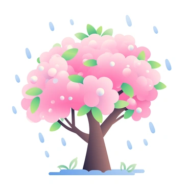 A gentle rain is falling on a cluster of cherry blossom trees, their delicate pink flowers blooming vibrantly. The blossoms are partially covered with droplets of water, glistening under the light. Soft green leaves surround the flowers, contrasting with the pink hues. The ground below is slightly damp, with small puddles forming among fallen petals. The atmosphere feels tranquil as the rain creates a rhythm, causing the petals to sway lightly.