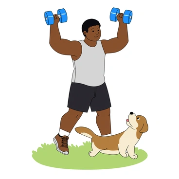 A young man with dark skin and short black hair is exercising with a pair of shiny blue dumbbells. He is wearing a light gray tank top and black athletic shorts. He is lifting the dumbbells above his head with a focused expression. At his feet, a small brown and white dog with floppy ears is sitting, looking up at him with wide, curious eyes. The dog’s tongue is out, and its tail is wagging, showing its playful nature. In the background, there is a soft green grass surface that adds a lively touch to the scene.