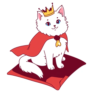 A white Persian cat with a fluffy coat is sitting proudly on a plush red cushion. The cat is adorned with a tiny golden crown resting atop its head, glistening in the light. Draped around its neck is a small red cape that flows gracefully down its back. The cat's bright blue eyes shine with confidence, and its tail is elegantly curled around the cushion. The setting is cozy and inviting, adding to the regal appearance of the cat.