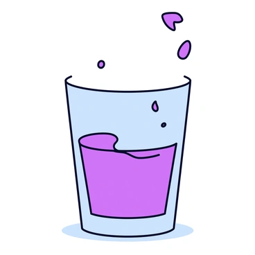 A clear glass sitting on a flat surface. Grape juice is pouring into the glass, creating a vibrant splash as the liquid meets the bottom. The juice is a deep purple color, with droplets flying outwards from the impact. The glass is half-full, with the juice reflecting light, creating a glossy surface. There are a few small droplets of juice on the outside of the glass.