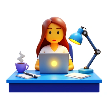 A girl boss sitting at her desk, working late into the night. She has a glowing laptop open in front of her. Beside the laptop, there is a steaming cup of coffee. She is focused on her tasks, with a determined expression on her face. The desk is cluttered with papers and a stylish pen. A desk lamp provides additional light, casting a warm glow around her workspace.