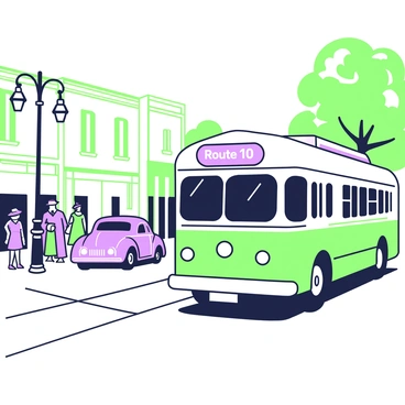 A classic vintage public bus from the 1950s is driving down a street lined with old-fashioned storefronts. The bus features rounded edges and large windows, with a bold front display that reads "Route 10" in a prominent font. Nearby, there are pedestrians dressed in period-appropriate attire, such as hats and dresses, walking alongside the road. There are vintage cars parked along the curb, and lampposts with intricate designs illuminate the scene. Trees with lush foliage are visible, framing the street as the bus continues its journey.