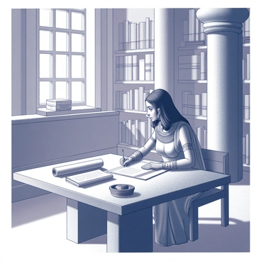 A figure resembling Cleopatra is seated at a large wooden table in the grand Library of Alexandria. She is surrounded by numerous scrolls, some unrolled and others neatly stacked. Her garments are intricately detailed, featuring patterns that suggest royal status. The library's architecture is impressive, with tall columns and shelves filled with scrolls lining the walls, creating an atmosphere of knowledge and discovery. Cleopatra is focused on a scroll in front of her, with a quill and inkpot nearby, suggesting she is taking notes or making observations. The light from elaborate windows casts shadows around the room, emphasizing the grandeur of the library.