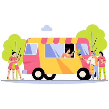 A colorful ice cream van with bright red and yellow stripes is parked in the middle of a sunny park. The van has an open serving window, from which a smiling vendor hands a scoop of ice cream to a child. Several happy children are gathered around the van, each holding different ice cream cones in various colors, including pink, green, and blue. In the background, there are lush green trees and a clear blue sky, adding to the cheerful atmosphere of the scene.