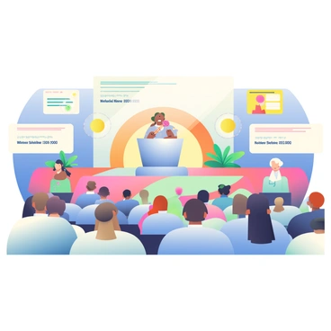 An agency-hosted conference is taking place in a large auditorium. There is a brightly decorated stage at the front with colorful banners and floral arrangements. Several speakers are standing behind a sleek podium, each holding a microphone, dressed in professional attire. The audience is seated in rows, attentively listening to the presentations. The lighting is bright, highlighting the speakers and creating a lively atmosphere. In the background, large screens display the names of the speakers and their topics.