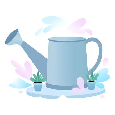 A galvanized steel watering can with a sleek, industrial design is placed on a smooth stone surface. The watering can has a long spout and a simple handle, reflecting minimalist aesthetics. Surrounding the watering can, there are various plants in carefully arranged pots, showcasing a clean and organized garden layout. The background features soft, muted pastel colors that provide a gentle contrast to the metallic sheen of the watering can. The overall composition emphasizes simplicity and functionality in the garden setting.