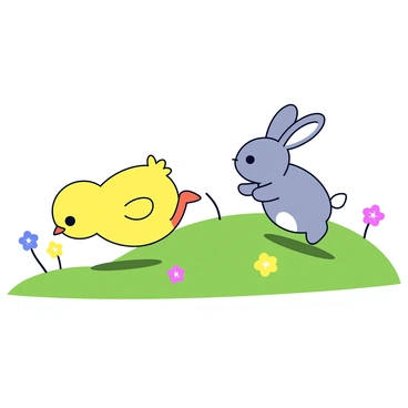 A fluffy chick and a bunny playing together on a grassy hill