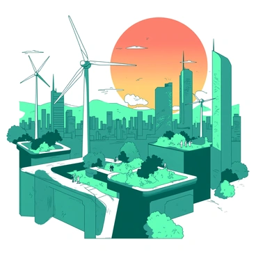 A teal futuristic city skyline filled with towering buildings featuring lush rooftop gardens. In the foreground, several hovering wind turbines spin gracefully above the rooftops, their sleek design contrasting against the city's architecture. The buildings are adorned with green walls, and there are walking paths visible, populated by people enjoying the greenery. Above the skyline, the sky is a vibrant orange, suggesting a late afternoon setting, illuminating the scene with a warm glow.