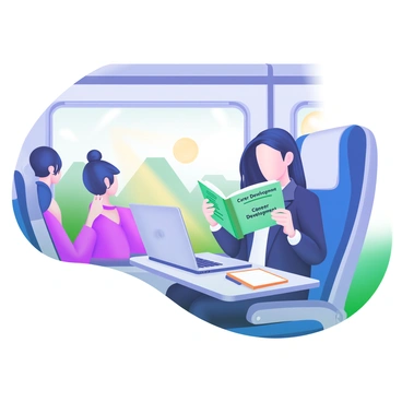 A modern pastel illustration depicting a professional sitting comfortably in a train seat, engrossed in a book titled "Career Development." The individual is wearing smart-casual attire, holding the book with focused interest. Sunlight streams through the train window, casting soft light on the pages. Nearby, a laptop and a notepad are placed on the foldable tray table, hinting at further work-related activities. In the background, other passengers are visible, some looking out the window while others are using their own devices.
