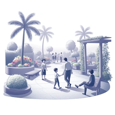 A botanical garden filled with a variety of plants. There are tall palm trees, flowering bushes, and vines climbing along trellises. Several people are walking along the stone paths, some are sitting on benches, while others are examining the different plants. A child is pointing at a colorful flower, and a couple is taking a leisurely stroll, holding hands. The sky above is clear, and the sun casts shadows of the trees and people onto the ground. The overall atmosphere depicts a vibrant and lively scene of people interacting with nature.