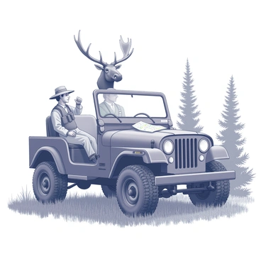 A jeep parked in a lush green landscape, surrounded by tall grass and scattered trees. Inside the jeep, a moose head with large antlers is mounted on the dashboard, staring forward. Two explorers, one wearing a wide-brimmed hat and the other with binoculars hanging around their neck, are seated in the front. The explorer with the hat has a map spread out in their lap, while the other points towards something in the distance. The scene conveys a sense of adventure and exploration.