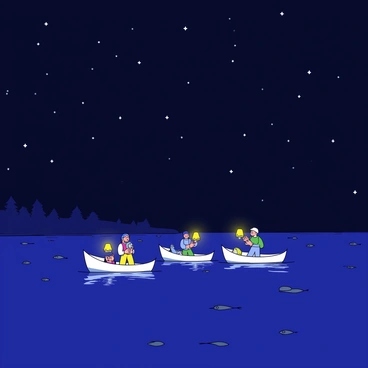 A dark lake under a starry sky. Several fishermen are standing in small boats, each holding a lantern that emits a warm yellow light. The lanterns cast a gentle glow on the water, creating ripples in the reflected light. Silhouettes of trees line the distant shore, and a few fish can be seen swimming near the surface, attracted by the light from the lanterns.