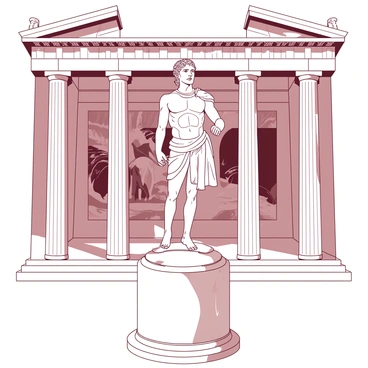 An ancient statue of "Achilles" stands proudly on a polished stone pedestal inside a grand Greek temple. The statue is made of white marble, showcasing intricate details of "Achilles'" armor and battle stance. Surrounding the statue, there are tall columns supporting the temple's roof, each carved with delicate floral patterns. Soft rays of sunlight filter through the temple's open roof, casting a warm glow on the statue. The background reveals stone walls adorned with faded murals depicting scenes from ancient battles.