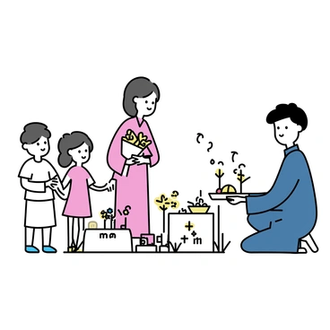 A family paying respects at their ancestors' graves during Tet, with offerings laid out.