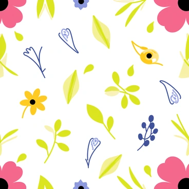 A seamless illustration featuring a vibrant floral pattern with a variety of flowers in different colors, including pink, yellow, and blue. The design incorporates various types of leaves in shades of green, arranged interspersedly among the flowers. Each flower has distinct shapes and sizes, creating an overall balanced composition. The background is a light color to enhance the brightness of the flowers and leaves.