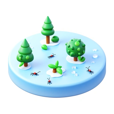 A small ecosystem thriving on permafrost. The scene includes patches of permafrost, featuring tiny shrubs with green leaves scattered throughout. Small insects, such as beetles and ants, are visible crawling on the surface among the plants. The environment has a cold, crystalline look due to the permafrost, with tiny ice crystals glimmering in the light.