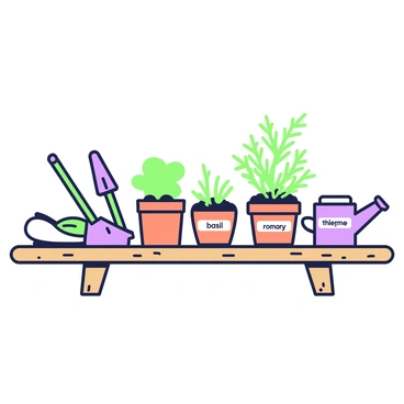 A small herb garden showing pots of basil, rosemary, and thyme with gardening tools beside.