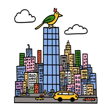 A big bird perched on a skyscraper, overlooking a bustling cityscape