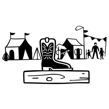 A pair of motorcycle boots placed prominently on a wooden display stand. The boots are adorned with intricate designs and patterns. In the background, multiple tents are set up, each with distinct shapes and varying heights. Small flags flap in the breeze, creating a sense of movement. The ground is covered in a textured surface, indicating a festival atmosphere. Additional festival-goers can be seen mingling in the distance, engaging with various activities.