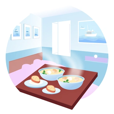 A small New England cafe filled with warm, inviting light. In the center, a wooden table is set with steaming bowls of clam chowder garnished with fresh herbs. Beside each bowl, there are slices of crusty bread arranged neatly on small plates. The walls of the cafe are adorned with nautical decor, such as framed photographs of the sea and fishing boats. A cozy atmosphere is created by the soft, pastel colors of the cafe's interior, enhancing the comforting scene.