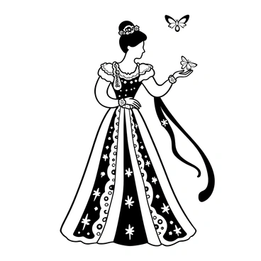 A Victorian woman dressed in an elaborate gown with intricate lace details, standing gracefully. She is holding a "golden moth" delicately in her hand. The woman's hair is styled in an ornate updo adorned with ribbons and small flowers. The background features subtle patterns that enhance the elegance of the scene.