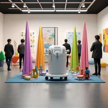 A hemodialysis machine positioned prominently in an art gallery space. The machine features various tubes and dials, displaying a sleek, modern design. Surrounding the machine are colorful decorations, including vibrant fabric drapes and playful sculptures that enhance the artistic display. Soft lighting casts gentle shadows on the machine, highlighting its intricate components. The gallery walls are painted in neutral tones to complement the vivid colors of the decorations, creating an engaging visual contrast. People can be seen admiring the art piece, interacting with the environment.