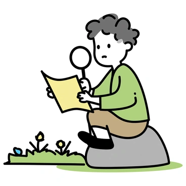 A curious hobbit with curly brown hair is sitting on a large, gray rock. He is wearing a simple, green tunic and brown trousers. In his hands, he holds an ancient treasure map, its edges worn and faded. He gazes intently at the map through a magnifying glass, his cheeks slightly puffed as he concentrates. The background features a lush, green landscape dotted with wildflowers and small bushes, creating a peaceful outdoor setting.