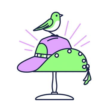 A hat is perched on a stand, showcasing its unique design and texture. The hat has a wide brim and delicate embellishments along the edge. On top of the hat, a small bird is sitting curiously, its feathers finely detailed. The bird's head is tilted slightly as it observes its surroundings. The stand is simple and elegant, complementing the hat and the bird. In the background, there are soft highlights that create an overall balanced composition.