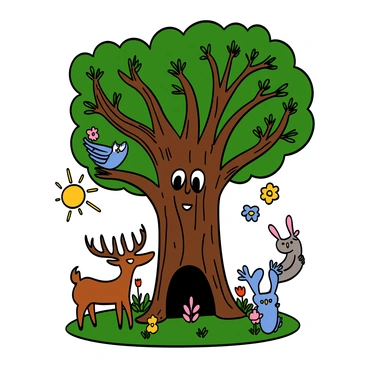 A giant tree guardian with a thick, gnarled trunk and sprawling branches stands tall in the center of a sacred grove. The guardian has a face carved into the bark, with deep-set eyes that seem to watch over the area. Various animals, including a deer with large antlers, a wise owl perched on a low branch, and rabbits hopping playfully on the ground, gather around the base of the tree. Sunlight filters through the leaves, casting playful shadows on the forest floor, while vibrant flowers bloom all around, adding color to the serene environment.