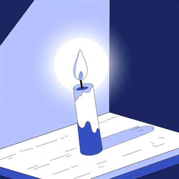 A single candle sits atop a wooden table, its wax body partially melted. The flame is flickering gently, producing light that dances in the dim atmosphere. Shadows stretch across the nearby wall as the flame sways. The candle's wick stands upright at the center of the flame, surrounded by a halo of light that contrasts with the deep shadows. The table's surface has a worn texture, reflecting the warmth of the candlelight.