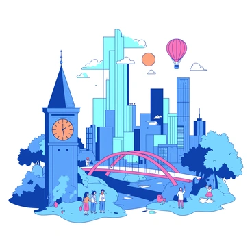 A blue cityscape filled with various famous buildings and landmarks. In the foreground, there is a large, cheerful clock tower with a bright orange clock face. Next to it, a tall, white skyscraper gleams under a sun symbol above. A pink bridge arches across a small river, and a red hot air balloon floats in the sky. The scene is bustling with small cartoon characters exploring, taking pictures, and enjoying the atmosphere. Various colorful trees dot the landscape, enhancing the playful vibe of the city.