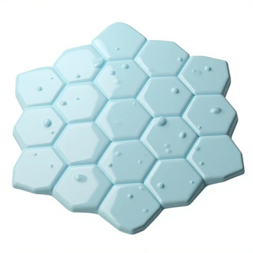 A bathroom floor covered with "glossy blue hexagonal tiles" that reflect light. The tiles are arranged in a symmetrical pattern, showcasing their distinct geometric shape. Scattered across the surface are "water droplets" of varying sizes, glistening as they catch the light. The droplets create a sense of freshness, enhancing the clean appearance of the tiles. The edges of the tiles are sharply defined, adding to the overall polished look of the scene.