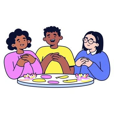 A group of three friends gathered around a round table. The first friend is a girl with curly hair, smiling widely, her fingers crossed over the table. The second friend is a boy with straight hair, looking excited, his fingers also crossed. The third friend is a girl with glasses, her eyes wide with anticipation, and her fingers crossed. The table is decorated with a colorful tablecloth and has snacks placed in the center.