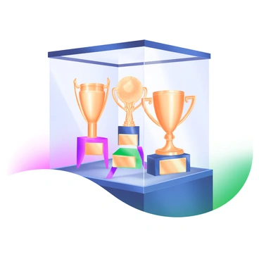 A glass display case showcasing multiple shining trophies for an illustration competition. The trophies vary in size and design, with some featuring intricate detailing and others displaying vibrant colored accents. Light reflects off their polished surfaces, creating a sparkling effect. The case is set against a soft pastel background, adding a touch of elegance. Each trophy has a small plaque at the base, highlighting the achievement it represents.