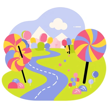 A colorful landscape filled with vibrant, oversized lollipops in various shapes and colors, some with swirls of red, yellow, and blue. A smooth, flowing river of rich chocolate meanders through the scene, reflecting the sunlight. In the background, towering mountains made of multicolored gumdrops rise majestically, their surfaces glistening. Patches of bright green grass and clusters of smaller candies dot the ground, enhancing the whimsical atmosphere. Fluffy white clouds float in a clear blue sky above this sweet paradise.