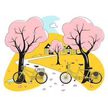 A suburban bike path lined with blossoming cherry trees, their limbs heavy with pink flowers. Several bikes with yellow frames are parked neatly along the path, leaning against the trunks of the trees. The ground is covered with fallen petals, creating a soft blanket of color. In the background, there are small houses with well-kept lawns, and a clear blue sky can be seen through the tree branches. A gentle breeze stirs the petals, adding a dynamic element to the scene.