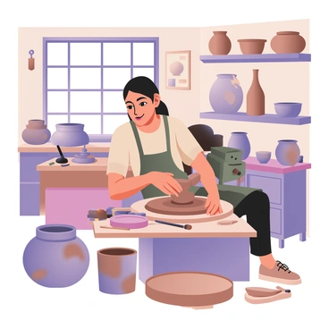 An artisan is positioned in their workshop, surrounded by various tools and materials used for pottery making. The artisan has light skin and is wearing an apron covered with clay stains. They are focused on shaping a piece of clay on a potter's wheel, which is spinning. The artisan's hands are covered in wet clay as they skillfully mold the form. Various finished pottery pieces, including bowls and vases, are displayed on shelves in the background. Natural light streams in through a window, illuminating the workspace and highlighting the texture of the clay. Tools such as carving tools and brushes are scattered across a workbench nearby.