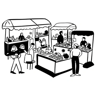 A bustling outdoor market with multiple vendors. Stalls display an array of fresh produce, including vegetables and fruits, arranged in neat piles. Handmade crafts are showcased on tables, attracting the attention of customers. Shoppers browse through the market, some carrying bags filled with goods. In the background, a few people are engaged in conversation, while others are inspecting items. The atmosphere appears lively and vibrant.
