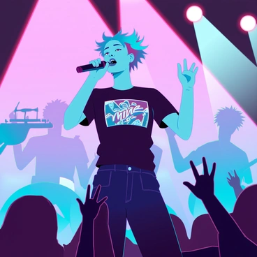 A young person with colorful hair styled in a messy fashion, wearing a tight black T-shirt adorned with a bright graphic design. They are holding a microphone and passionately singing into it while standing on a stage. The background is filled with vibrant lights in shades of pink, blue, and green, creating a lively atmosphere. The band members around them are playing instruments, and the audience can be seen in silhouette, with hands raised in excitement. Smoke machines emit a light mist around the stage, enhancing the energetic vibe of the performance.