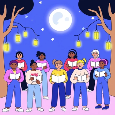 A choir composed of diverse singers, each wearing matching outfits, stands together in a clearing. The moonlight bathes the scene, illuminating their focused expressions as they sing harmoniously. Surrounding the choir are tall trees, each adorned with glowing lanterns that dangle from the branches, casting warm light on the ground below. The night sky is filled with stars, providing a serene backdrop for the performance. The atmosphere is vibrant and lively, capturing the joy of music shared under the moonlit sky.