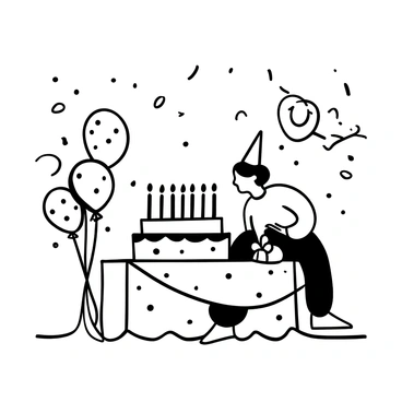 A faceless person blowing out candles on a birthday cake, with colorful balloons and decorations around.