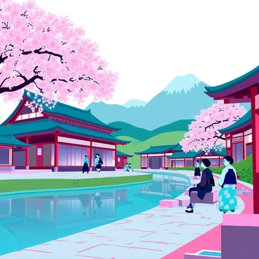 A traditional Japanese-style village in Wano Country with intricate wooden buildings featuring curved roofs. Cherry blossom trees are in full bloom, their pink petals gently falling to the ground. The village is surrounded by lush green hills and a serene river reflecting the vibrant colors of the blossoms. In the foreground, villagers in kimono are seen enjoying the beautiful scenery, some sitting on benches under the trees while others walk along a paved path scattered with petals. Lanterns hang from the eaves of the buildings, adding a touch of warmth to the scene. A distant mountain range adds depth to the background.