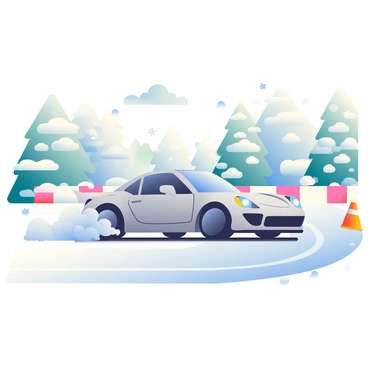 A sleek, silver sports car is drifting on a snow-covered race track. The car's tires are kicking up white snow as it expertly maneuvers through the curves. Snowflakes are falling gently from a cloudy sky, adding a soft texture to the scene. In the background, snow-covered trees line the sides of the track, their branches heavy with fresh snow. The race track is marked with bright orange cones scattered around, partially buried in the snow, highlighting the extreme weather conditions. The car's headlights are on, cutting through the flurry of white as it speeds past.