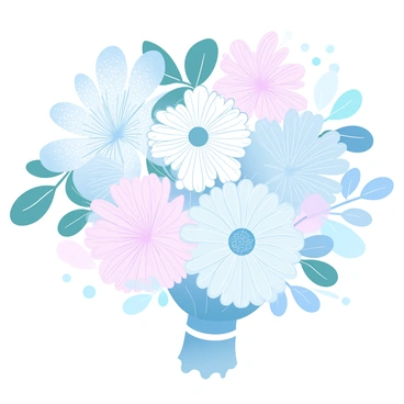 A bouquet of flowers is arranged with various types of blooms, each flower displaying intricate details in line art. The petals of each flower are uniquely shaped, showcasing delicate patterns and textures. Surrounding the flowers are several green leaves, each leaf also illustrated with fine line details, emphasizing their veins and edges. The bouquet is tied together with a simple ribbon at the base, adding a touch of elegance to the composition.