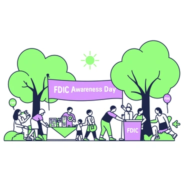 A city park is bustling with activity for a special day event raising awareness about "FDIC." In the foreground, a large banner displaying the text "FDIC Awareness Day" stretches between two trees. There are several tables set up around the area, each covered with green and purple tablecloths, featuring informational brochures and promotional materials about FDIC. Groups of diverse attendees are engaged in conversations, with some listening to a speaker at a small podium decorated with the same banner. Nearby, children are playing, while volunteers are distributing green and purple balloons labeled with "FDIC." The sun is shining, and the trees provide a pleasant backdrop to this lively gathering.