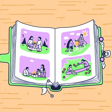 A diary lies open on a wooden table, showcasing illustrated entries that depict the journey of a Native American family. Each page features an image capturing key moments from their travels. One illustration shows a family sitting around a campfire, with a purple sky overhead and silhouettes of trees in the background. Another page depicts the family crossing a river, with one member guiding a canoe while others walk along the bank. A third entry illustrates the family gathering berries in a lush landscape, surrounded by green foliage and flowers. Each image is intricately detailed, highlighting the family's connection to nature and their cultural heritage. The diary itself has a weathered leather cover, with beads and feathers attached to the spine.