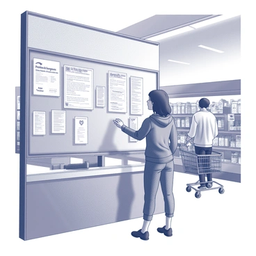 A person looking at job postings on a bulletin board inside a local grocery store