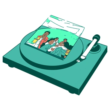 A teal vinyl record is spinning on a turntable with a white tonearm gently resting on it. The record is adorned with a vibrant cover showcasing a jazz band, featuring a saxophonist, a trumpeter, and a pianist. The band is illustrated in dynamic poses, conveying energy and rhythm. The cover has playful patterns and colors complementing the teal of the record. The background is simple, allowing the focus to remain on the spinning record and the jazz band cover.